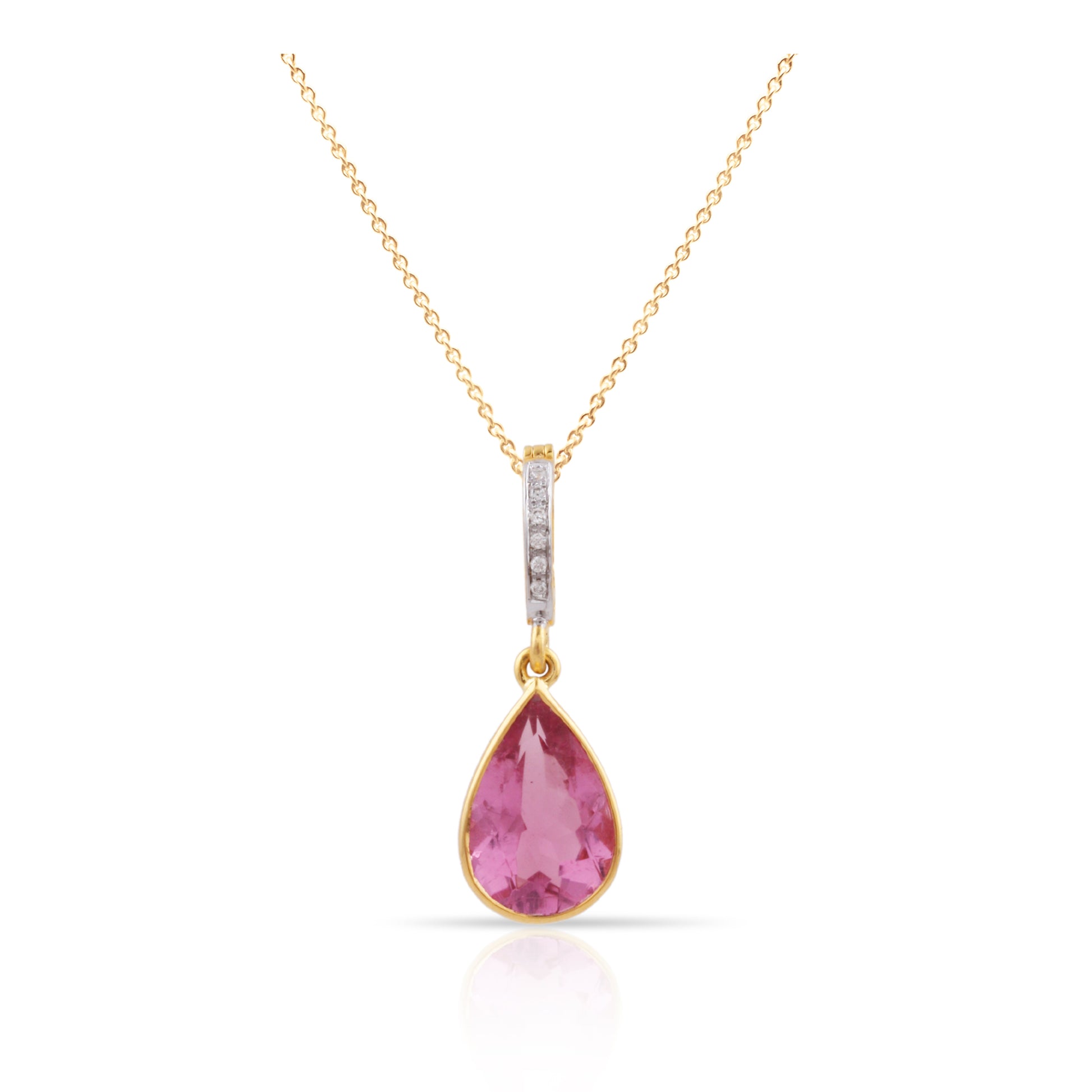 Pink Tourmaline Pear Shape & Diamond Pendant In 18K Yellow Gold - AiJi World 