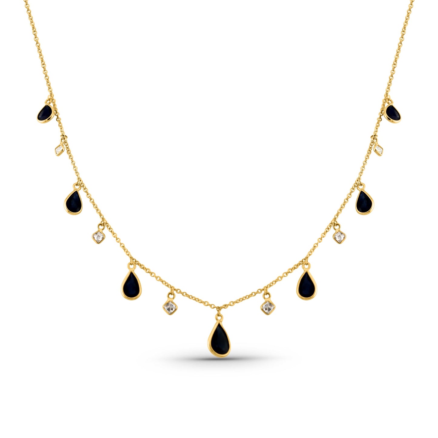 Blue Sapphire Pear Shape & Diamond Square Necklace In 18K Yellow Gold - AiJi World 