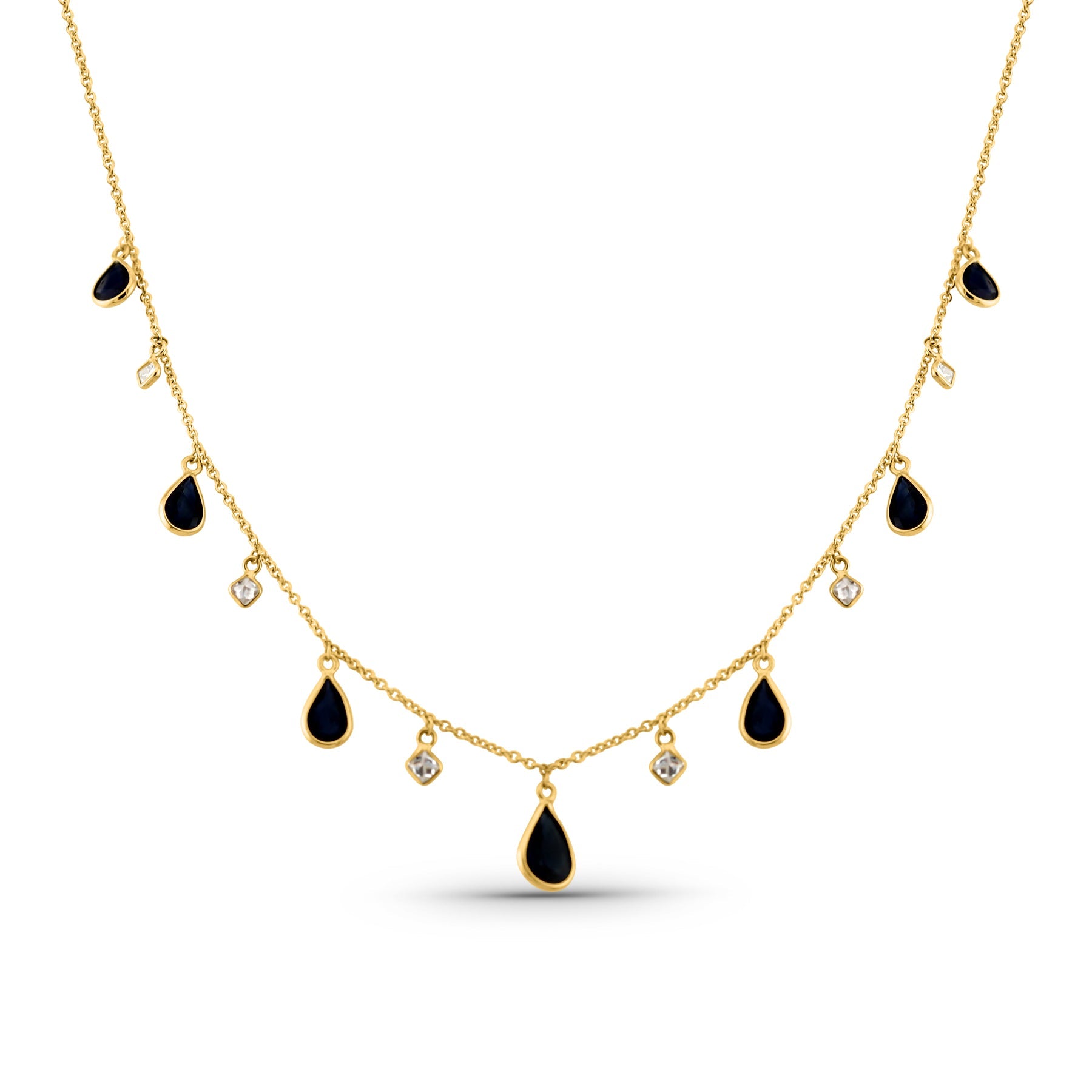Blue Sapphire Pear Shape & Diamond Square Necklace In 18K Yellow Gold - AiJi World 