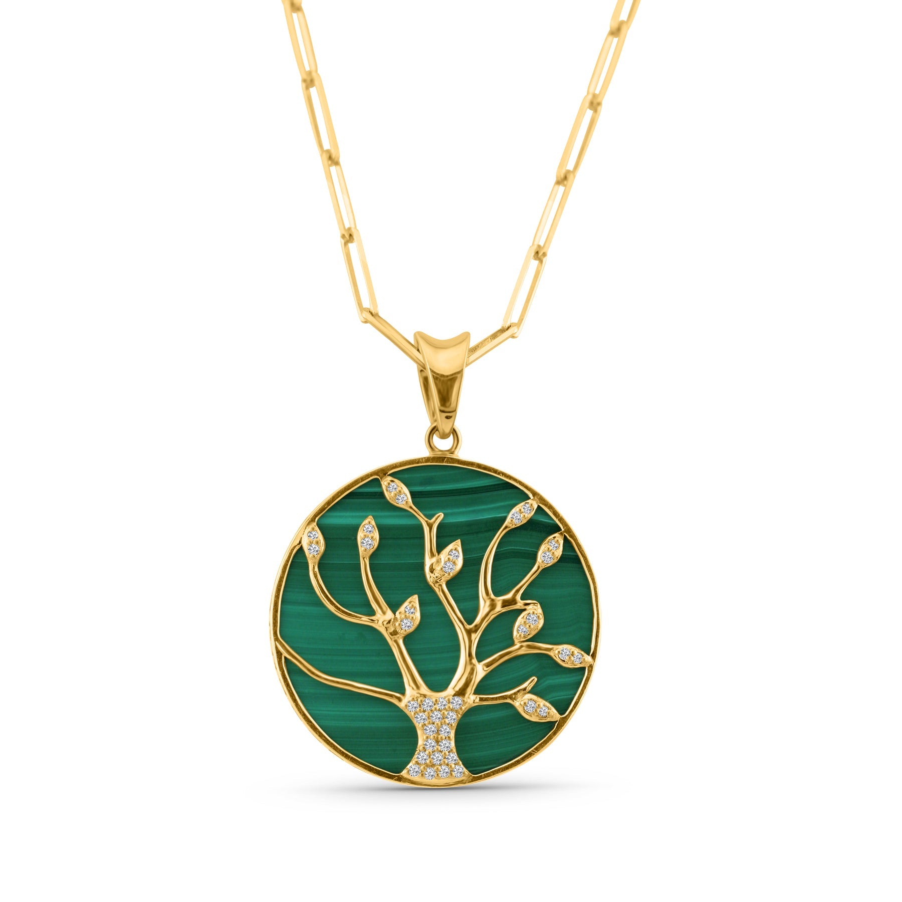 Malachite Round & Diamond Pendant In 18K Yellow Gold - AiJi World 