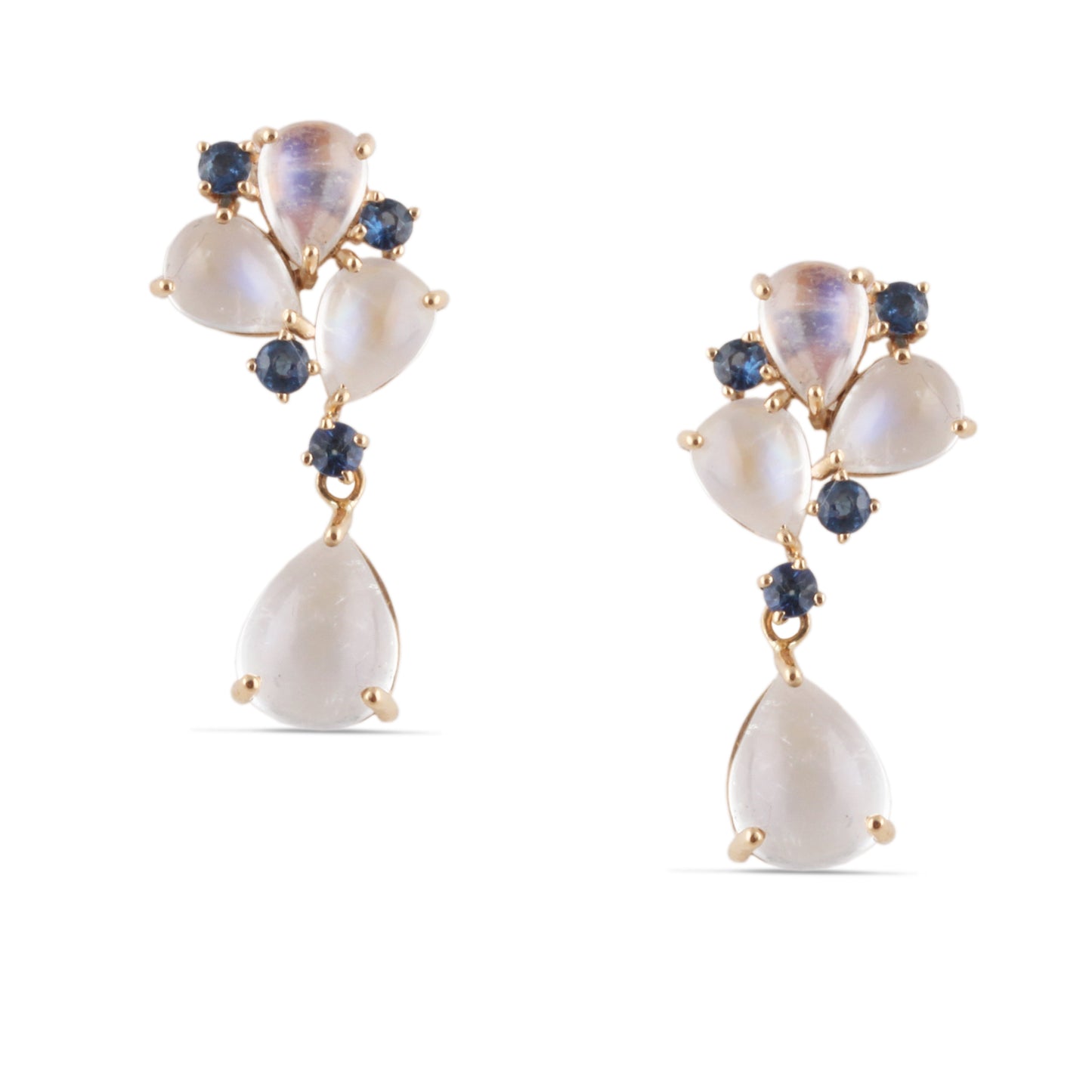 Blue Sapphire Round & Rainbow Moonstone Pear Shape Earring In 18 Kt Yellow Gold - AiJi World 