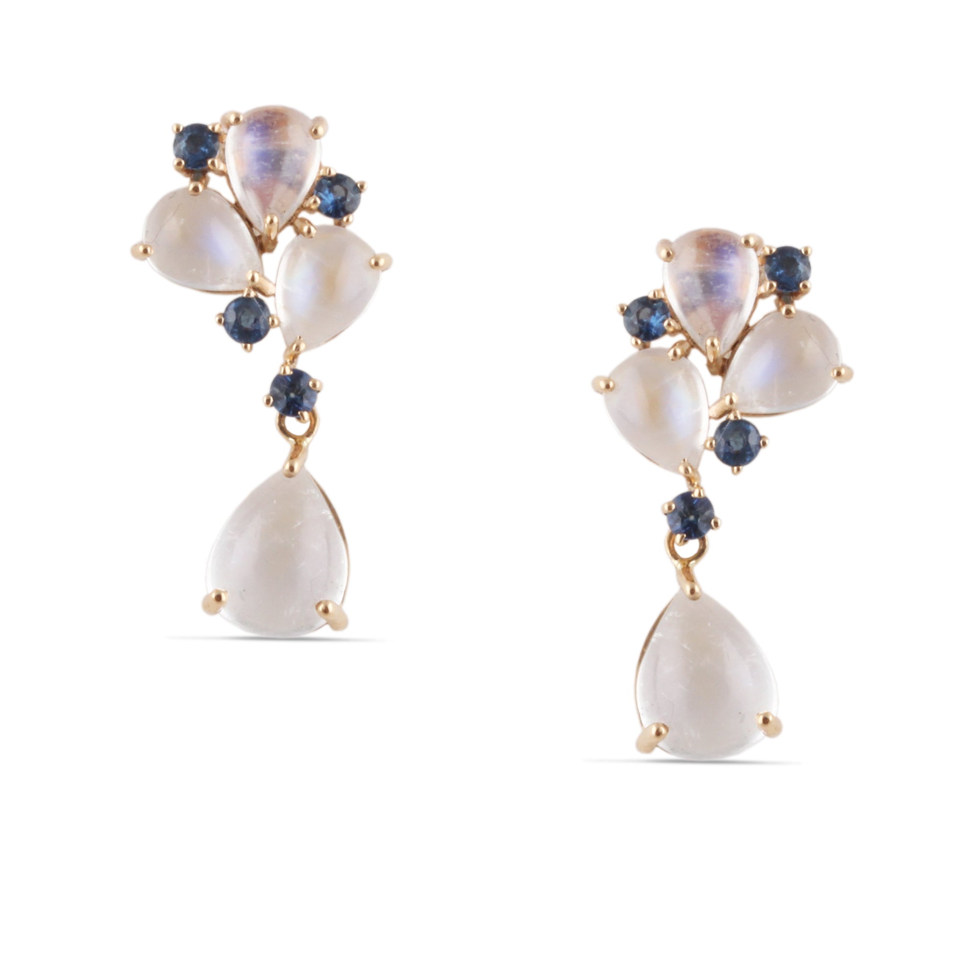 Blue Sapphire Round & Rainbow Moonstone Pear Shape Earring In 18 Kt Yellow Gold - AiJi World 