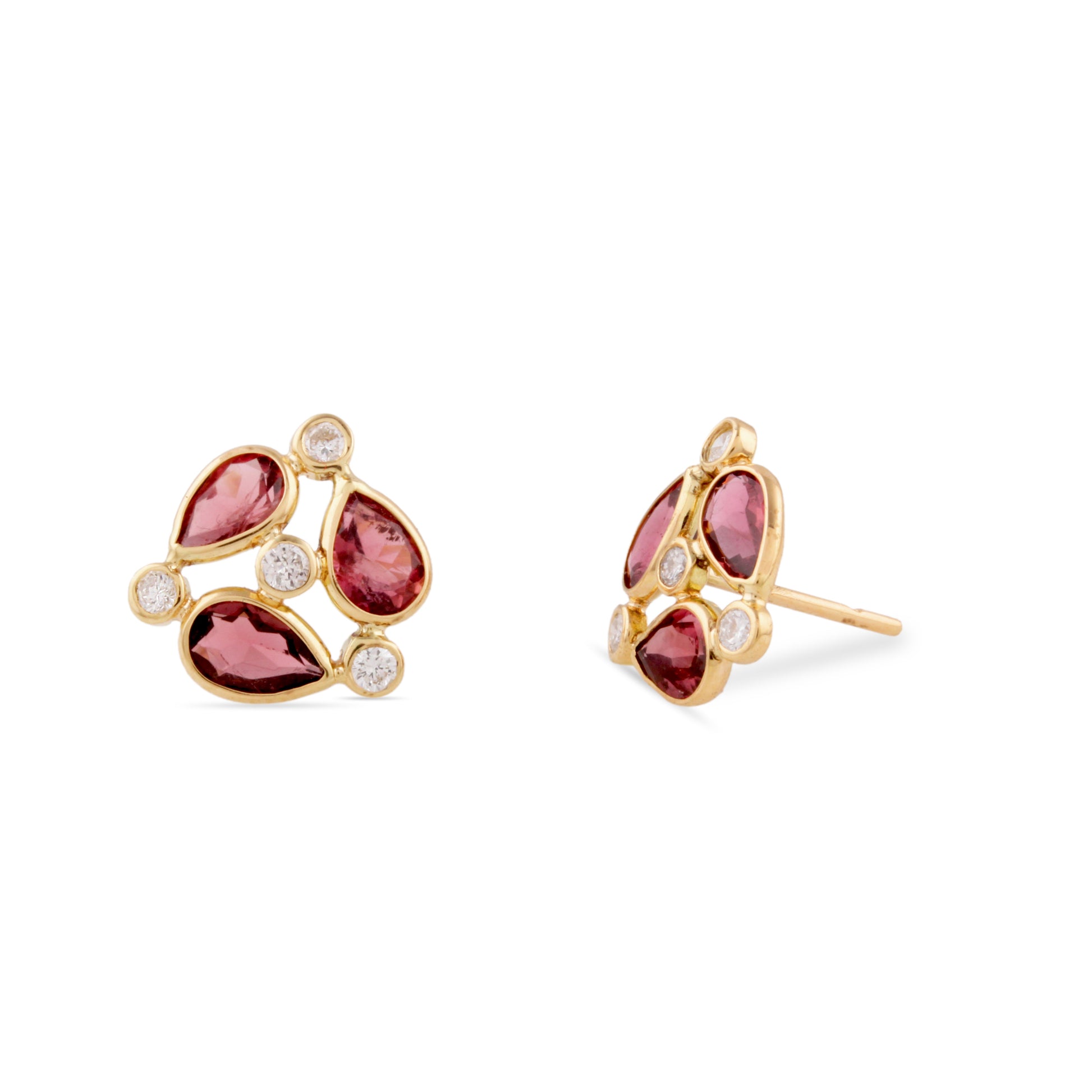 Pink Tourmaline Pear Shape & Diamond Earring In 18K Yellow Gold - AiJi World 