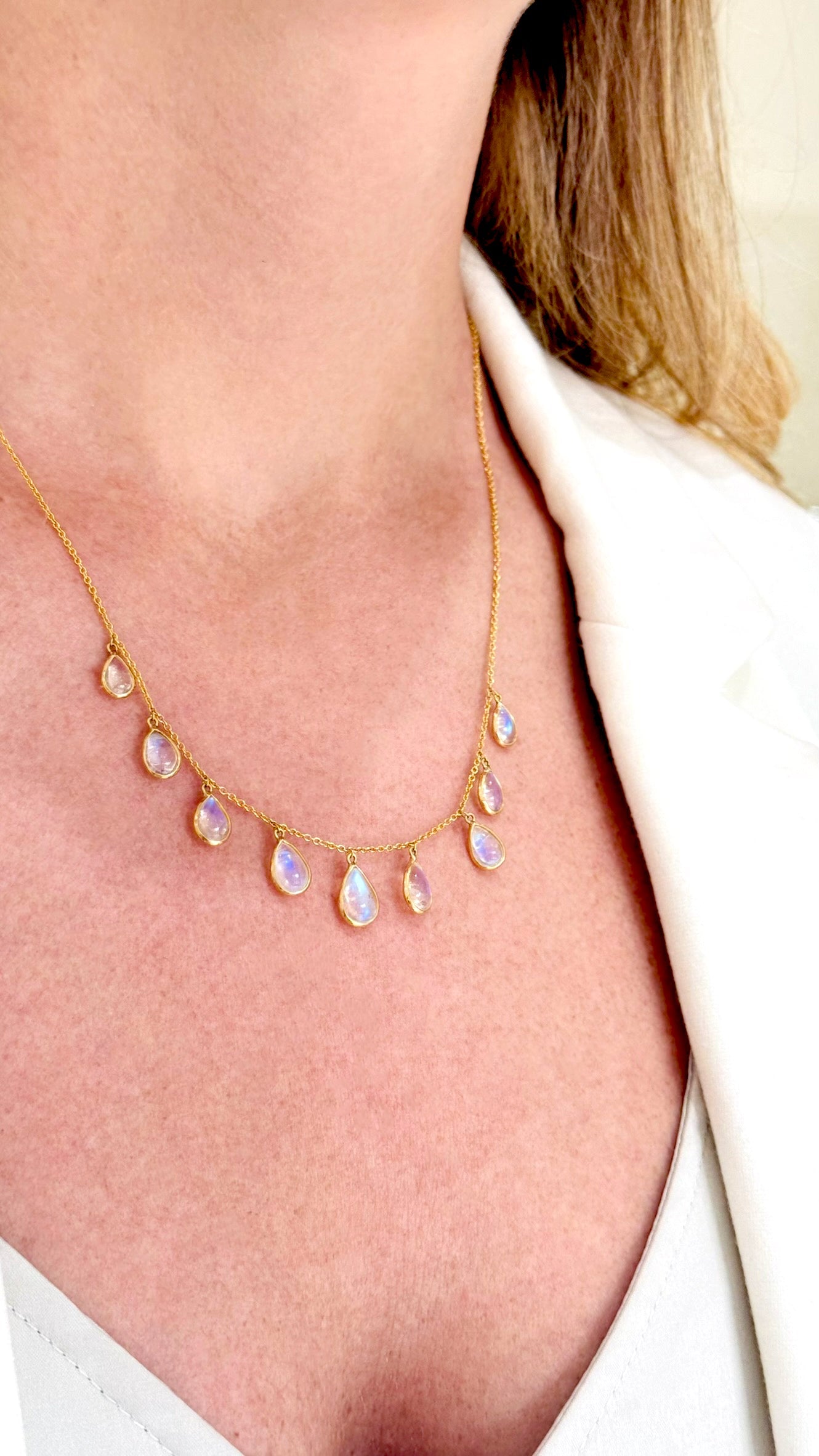 Rainbow Moonstone Pear Shape Necklace In 18K Yellow Gold - AiJi World 