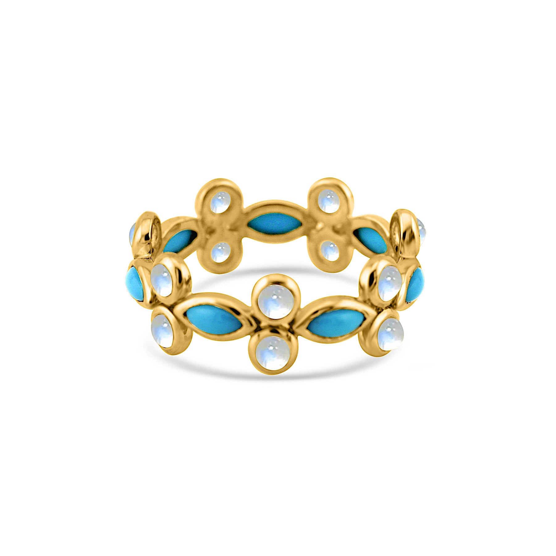 Turquoise Marquise & Rainbow Moonstone Round Ring In 18K Yellow Gold - AiJi World 