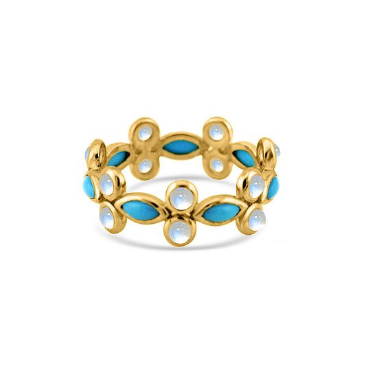 Turquoise Marquise & Rainbow Moonstone Round Ring In 18K Yellow Gold - AiJi World 