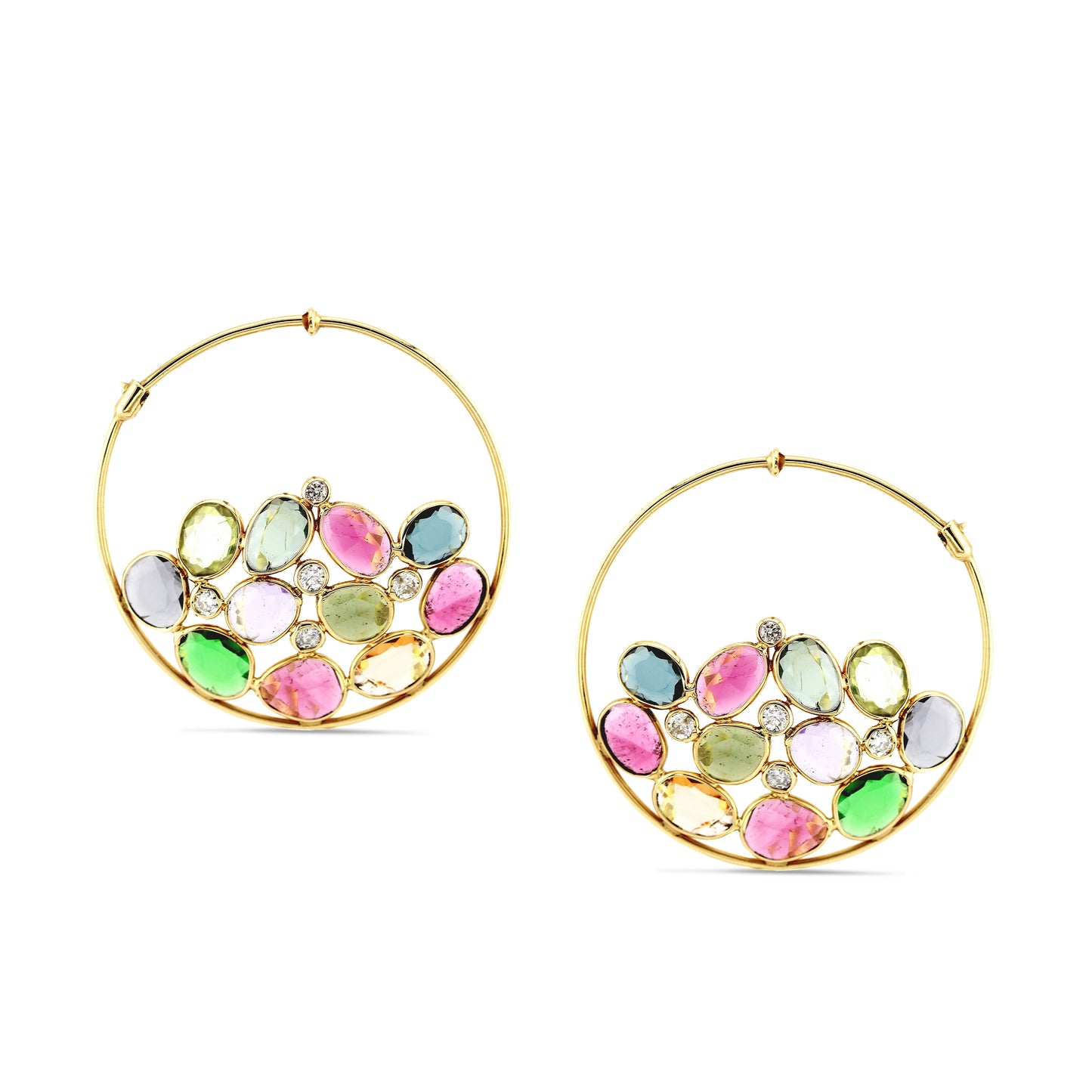 Multicolor Stone Unshape & Diamond Earring In 18K Yellow Gold - AiJi World 