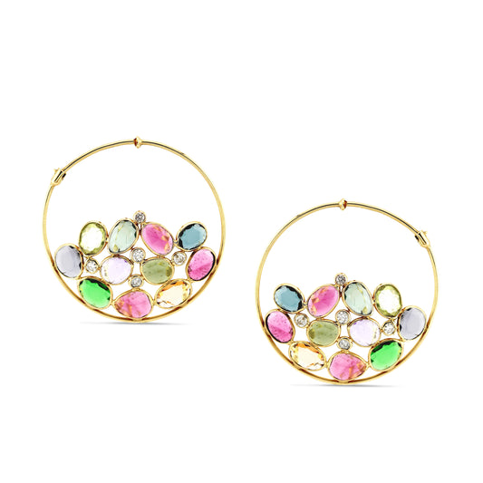 Multicolor Stone Unshape & Diamond Earring In 18K Yellow Gold - AiJi World 