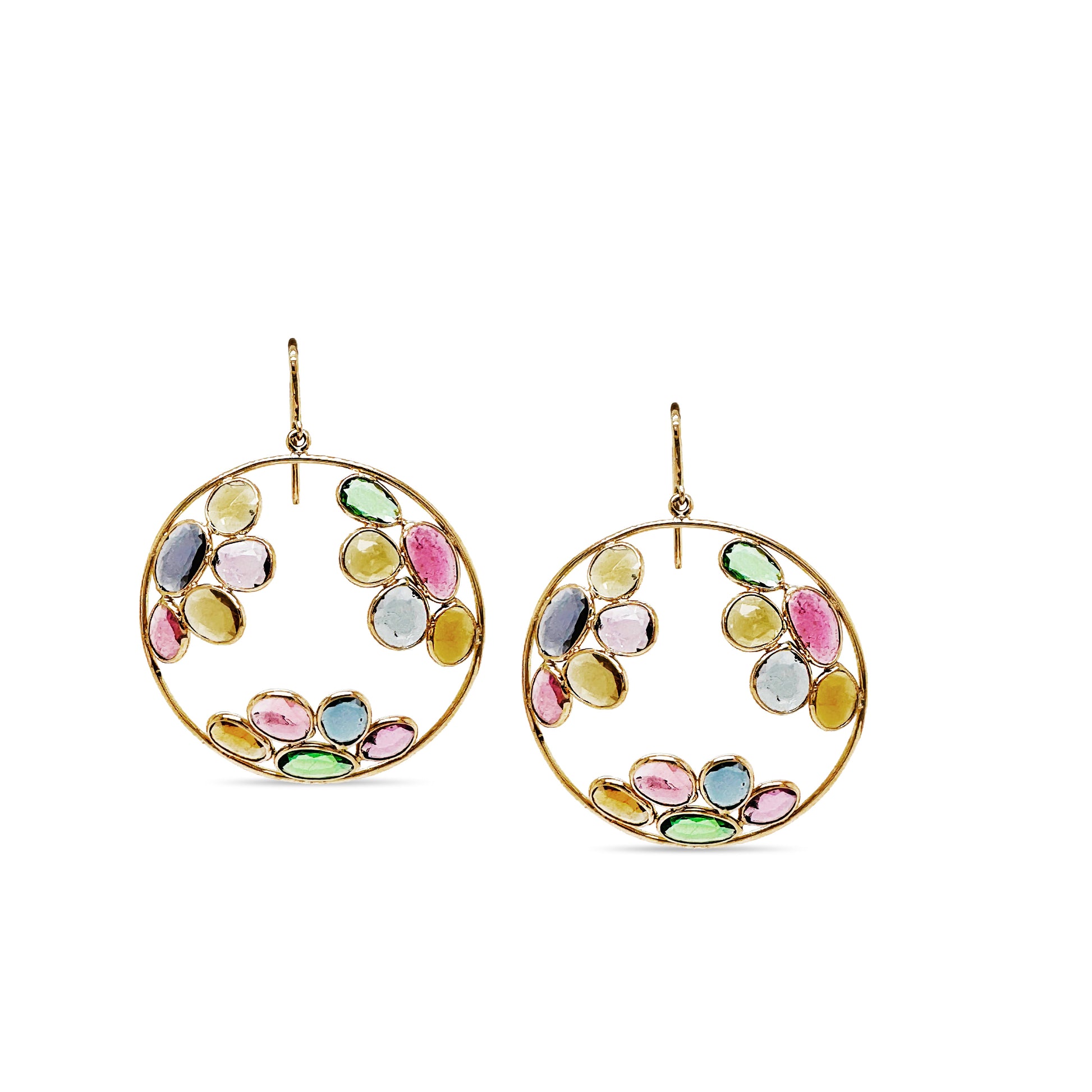 Multicolor Stone U/S Earring In 18K Yellow Gold - AiJi World 