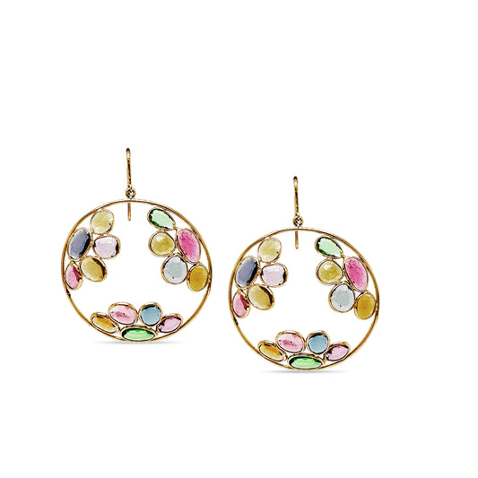 Multicolor Stone U/S Earring In 18K Yellow Gold - AiJi World 