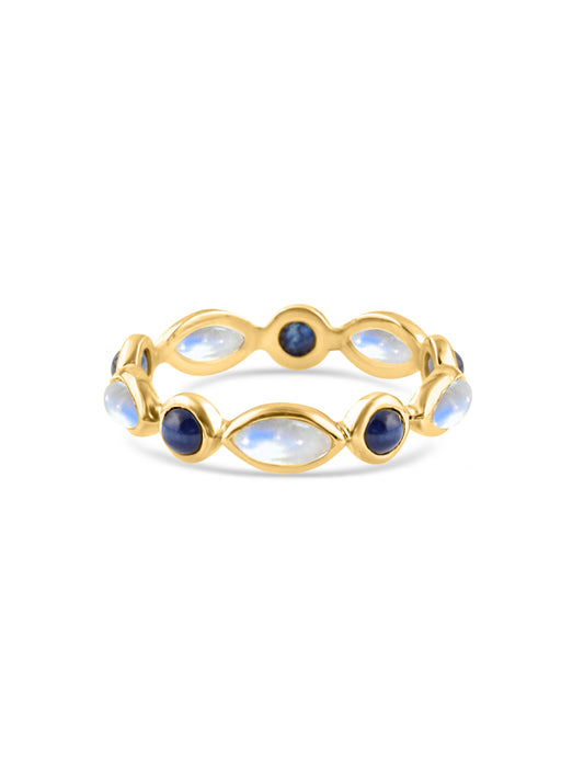 Rainbow Moonstone Marquise & Blue Sapphire Round In 18K Yellow Gold - AiJi World 