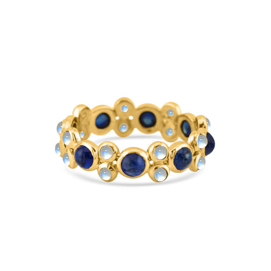 Blue Sapphire Round & Rainbow Moonstone Round Ring In 18K Yellow Gold - AiJi World 