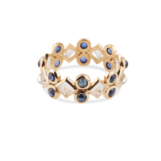 Blue Sapphire Round & Rainbow Moonstone Square Ring In 18K Yellow Gold - AiJi World 
