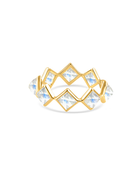 Rainbow Moonstone Square Ring In 18K Yellow Gold - AiJi World 