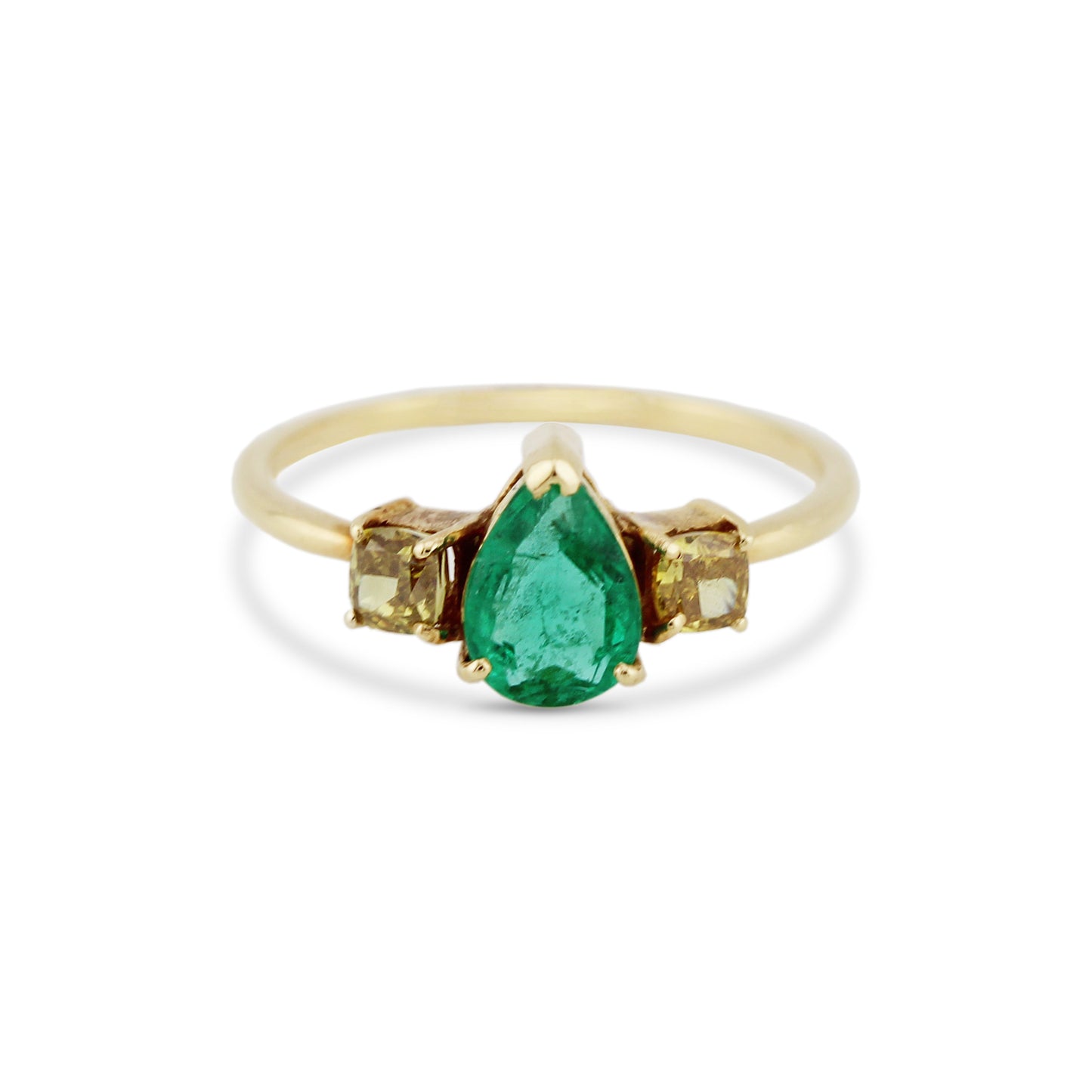 Emerald Pear shape & Diamond Square Ring In 18K Yellow Gold - AiJi World 