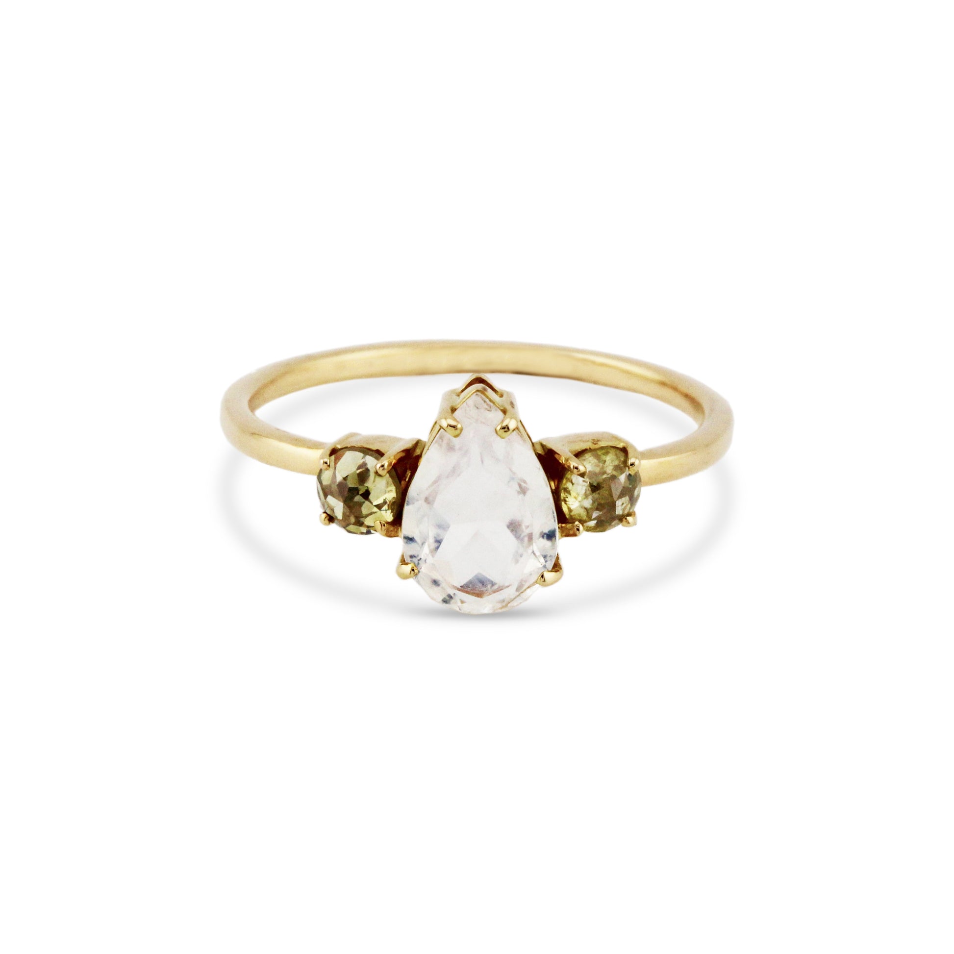 Rainbow Moonstone Pear Shape And Diamond Ring In 18K Yellow Gold - AiJi World 