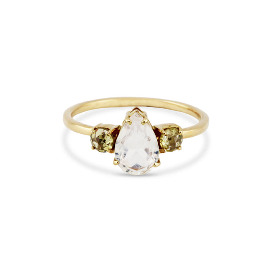 Rainbow Moonstone Pear Shape And Diamond Ring In 18K Yellow Gold - AiJi World 