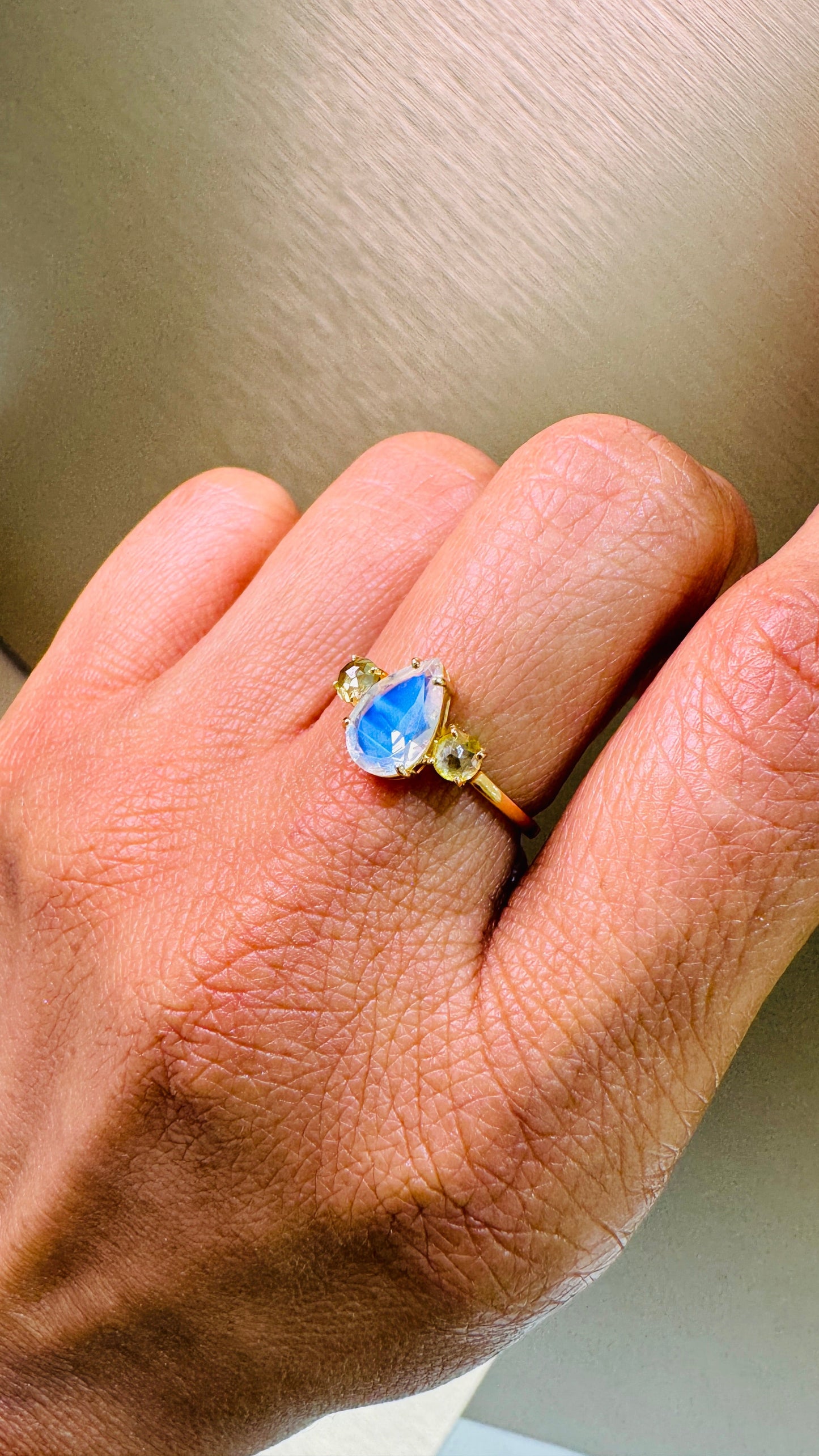 Rainbow Moonstone Pear Shape And Diamond Ring In 18K Yellow Gold - AiJi World 
