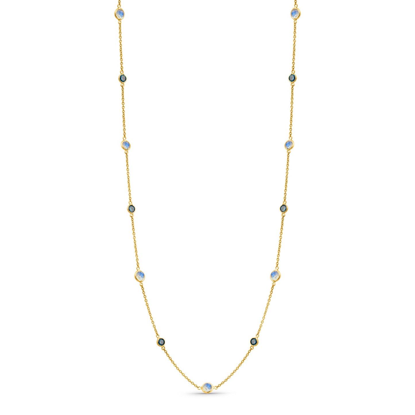 Rainbow Moonstone & Blue Diamond Round Necklace In 18K Yellow Gold - AiJi World 