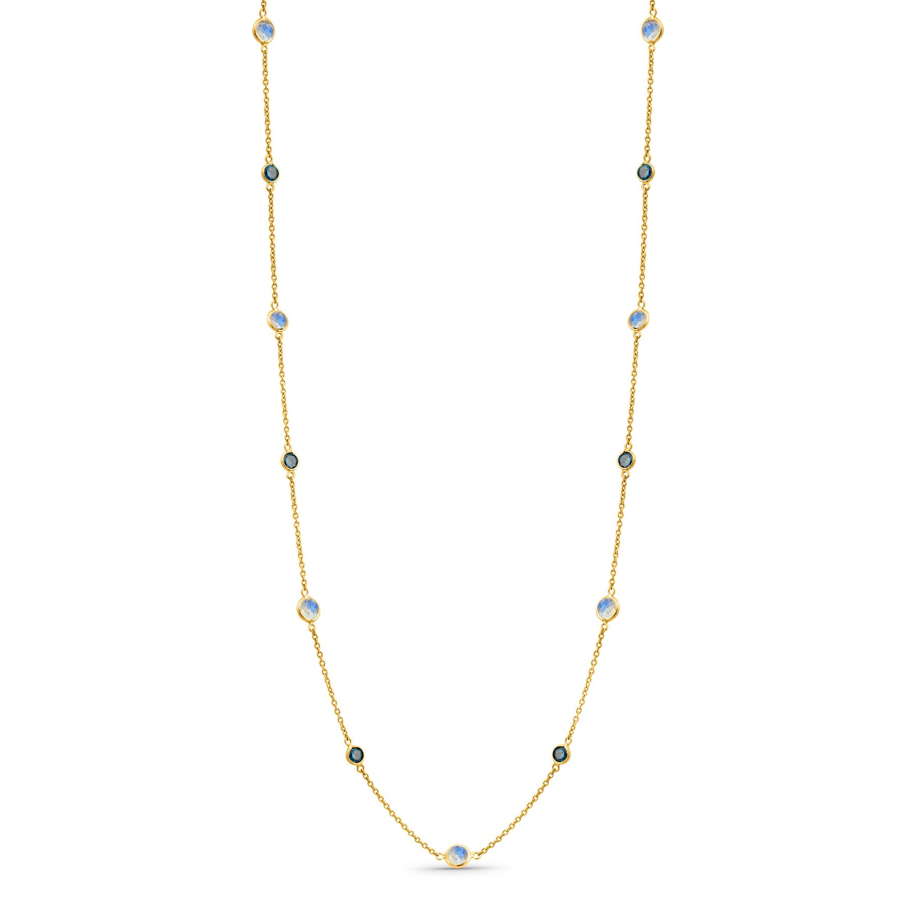 Rainbow Moonstone & Blue Diamond Round Necklace In 18K Yellow Gold - AiJi World 