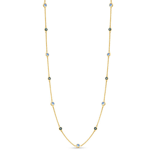Rainbow Moonstone & Blue Diamond Round Necklace In 18K Yellow Gold - AiJi World 