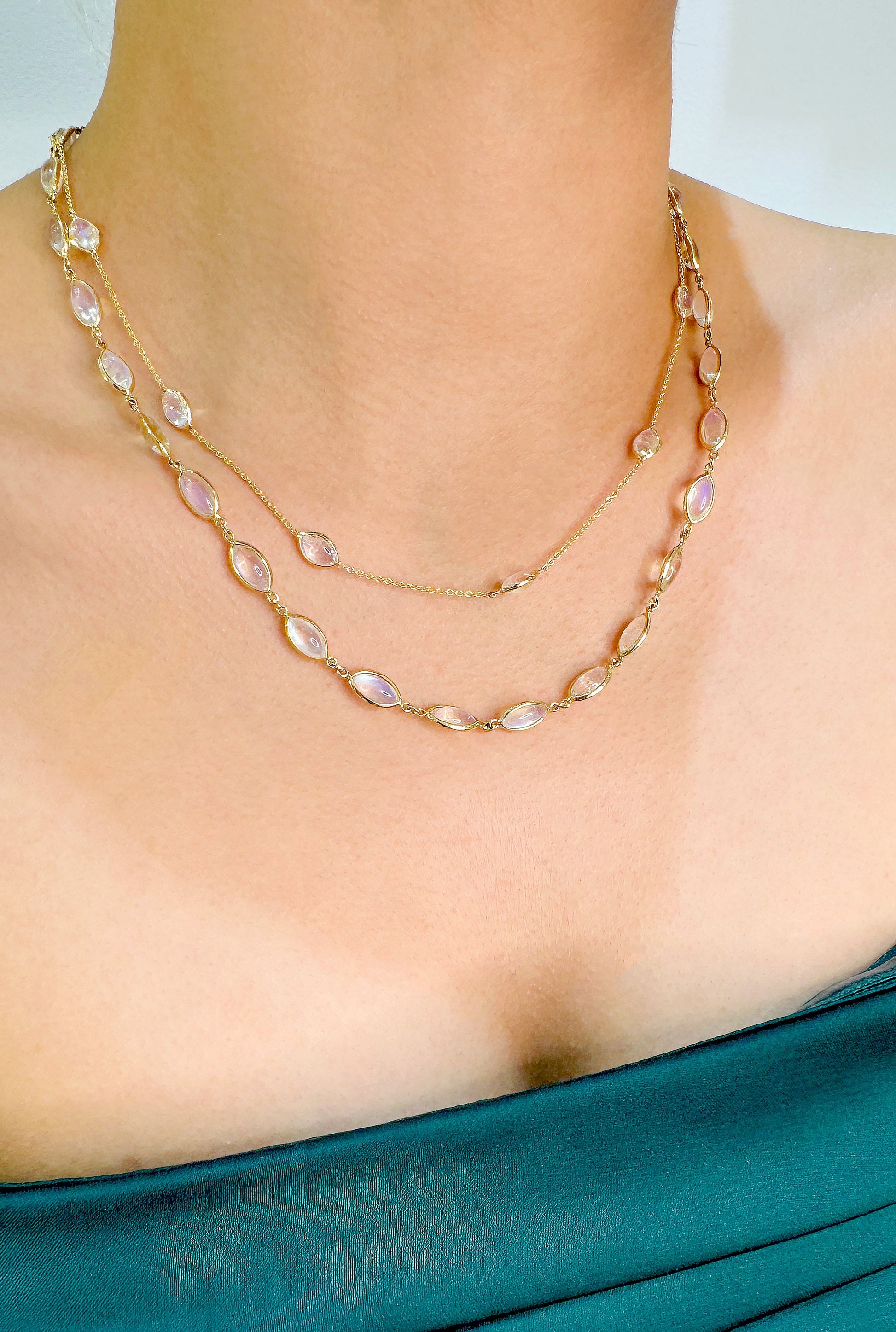 Rainbow Moonstone Marquise Necklace In 18K Yellow Gold - AiJi World 