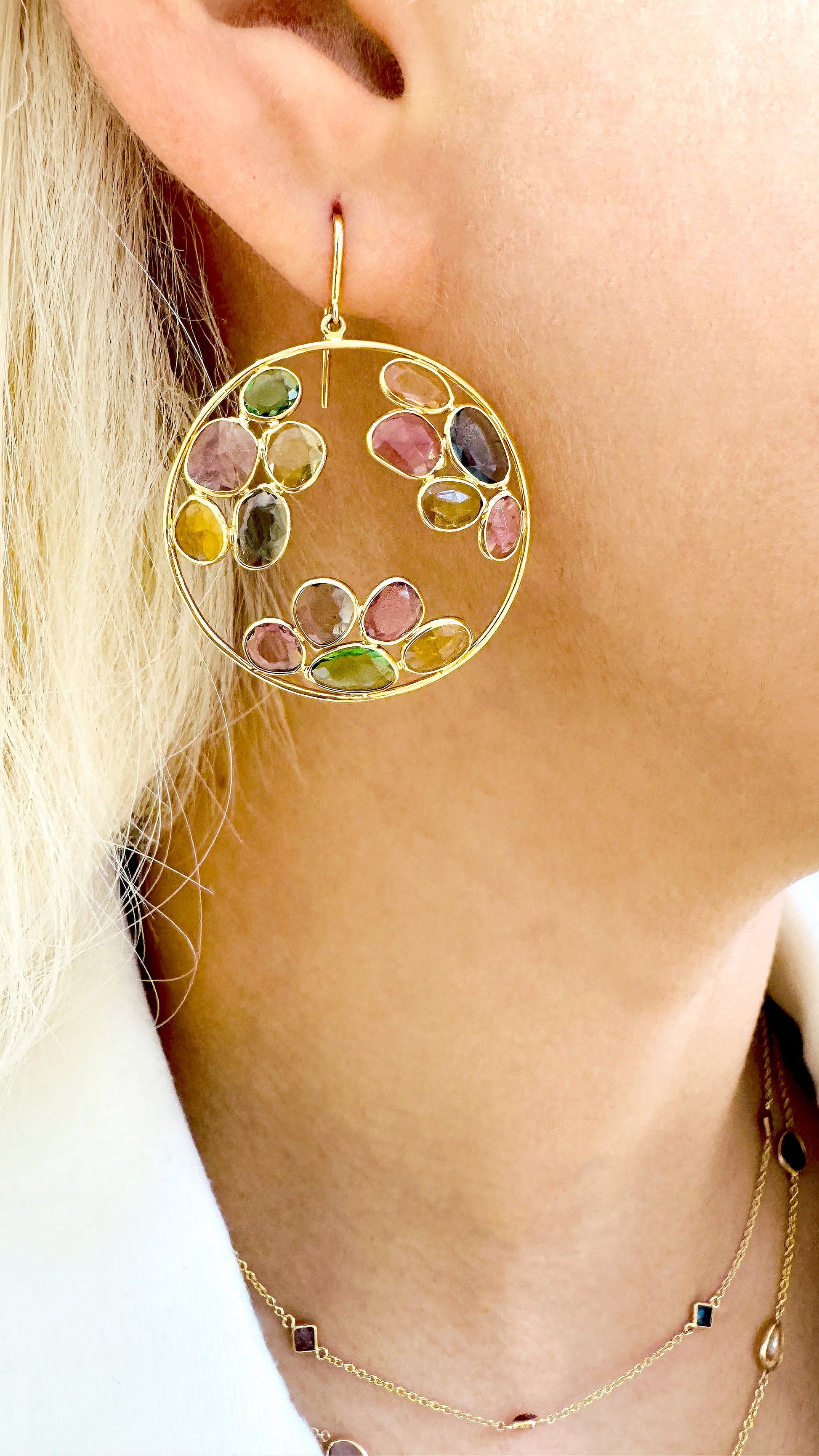 Multicolor Stone U/S Earring In 18K Yellow Gold - AiJi World 