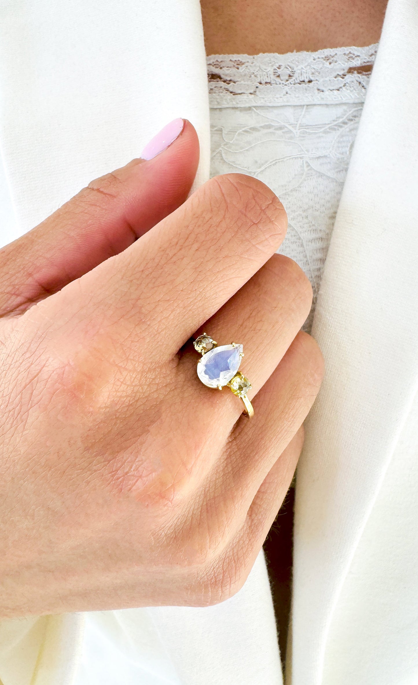 Rainbow Moonstone Pear Shape And Diamond Ring In 18K Yellow Gold - AiJi World 