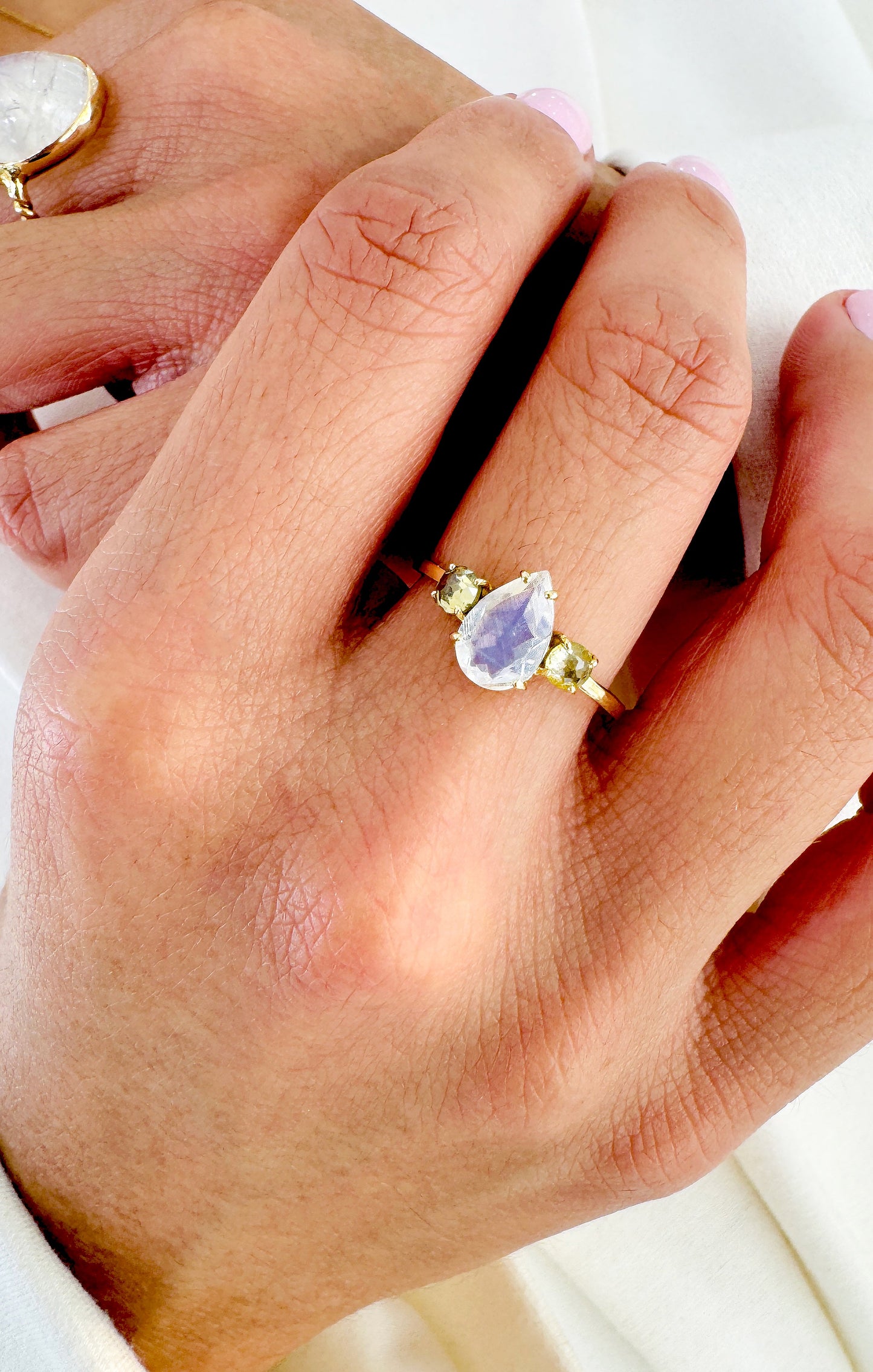 Rainbow Moonstone Pear Shape And Diamond Ring In 18K Yellow Gold - AiJi World 