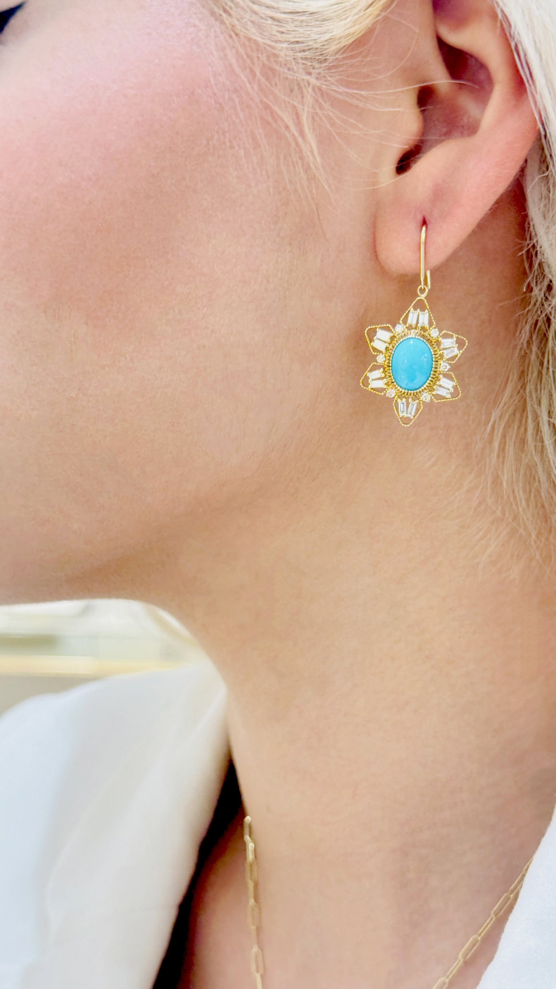 Turquoise Oval & Diamond Earring In 18K Yellow Gold - AiJi World 