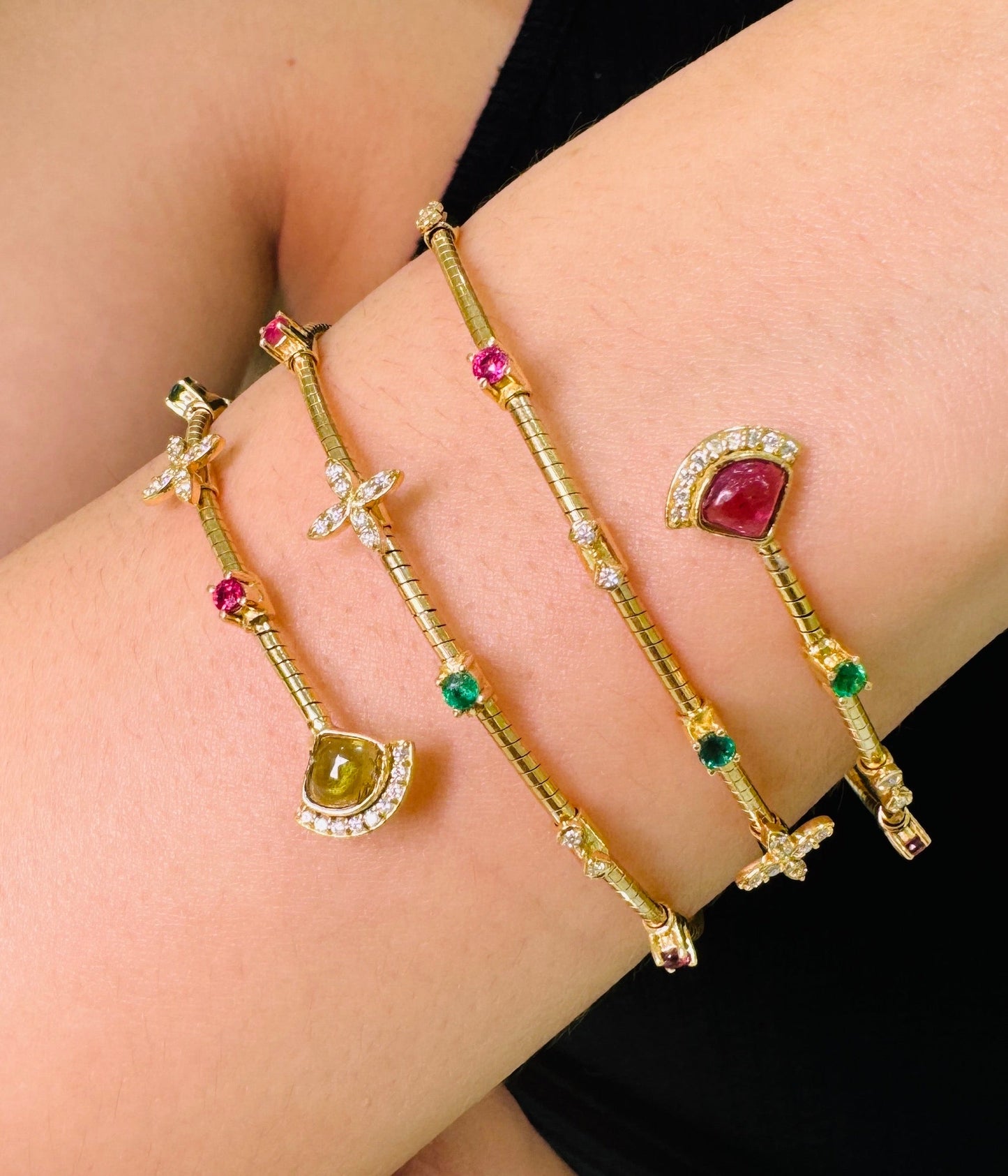 Multicolor Gemstone & Diamond Triple Row Symphony Bracelet In 18K Rose Gold - AiJi World 