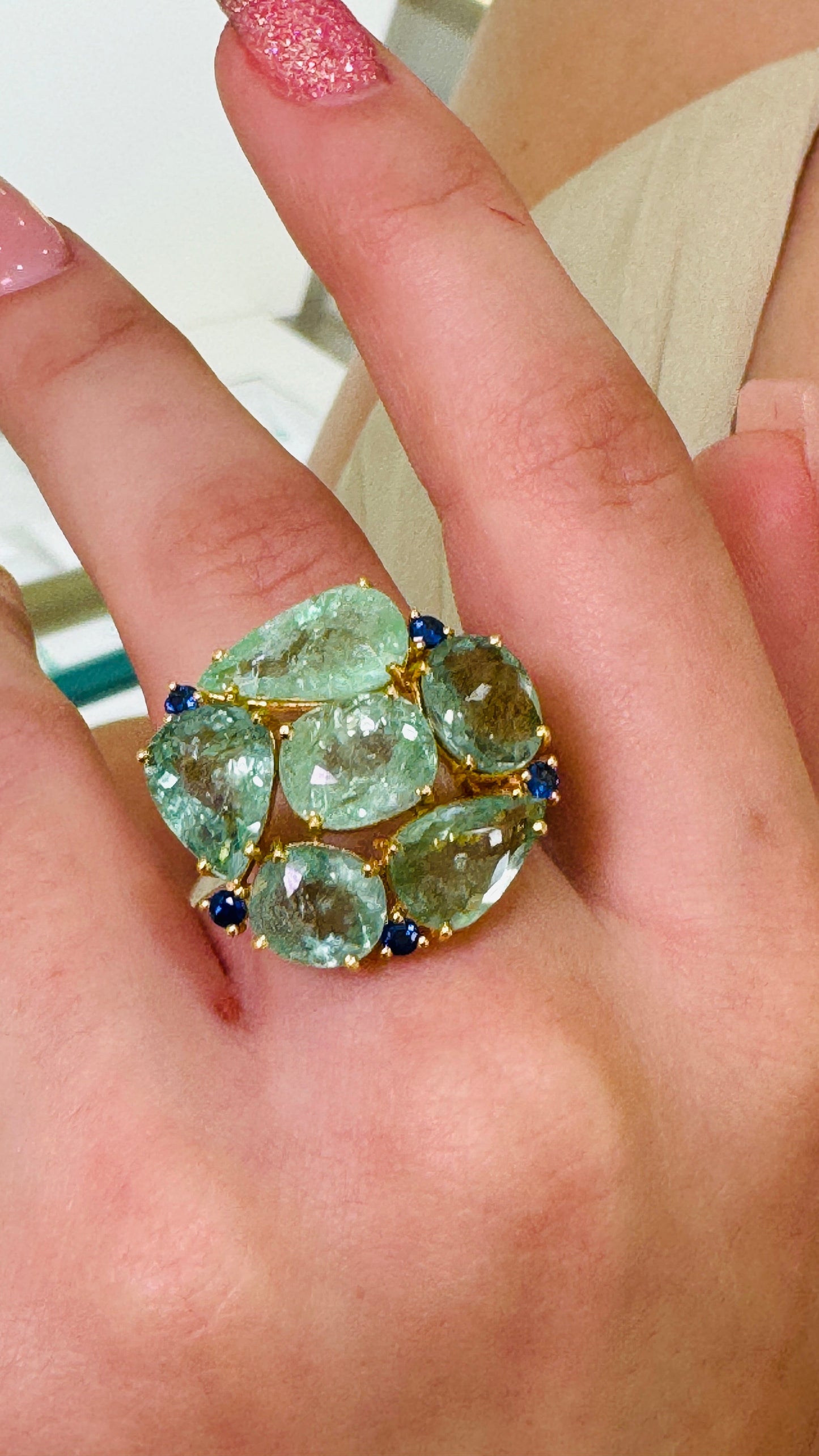 Paraiba Tourmaline Mix Shape & Blue Sapphire Rd. Ring In 18K Yellow Gold - AiJi World 