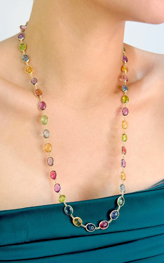 Multicolor stone Oval Necklace In 18K Yellow Gold - AiJi World 